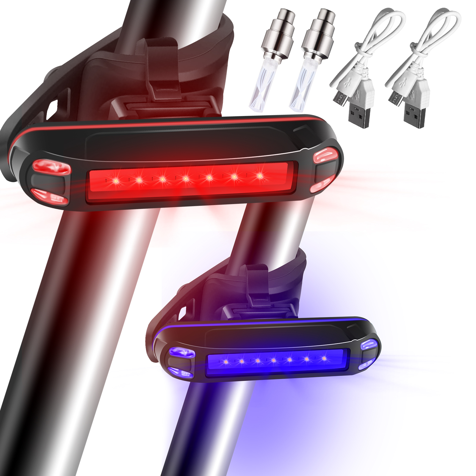  YLUBIK Bike Tail Light 2 Pack USB Rechargeable, Bright Bicycle Rear Light, Cycling Safety Flashlight and Tyre Wheel Valve Cap Light, 500mah Lithium Battery, 5 Light Mode Options(2 USB Cables Included)       